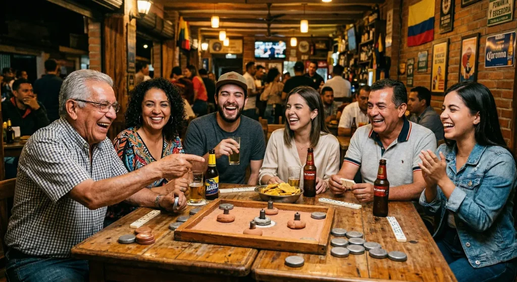 Un grupo de personas de distintas edades riendo alrededor de una mesa de juegos tradicionales colombianos en el bar.